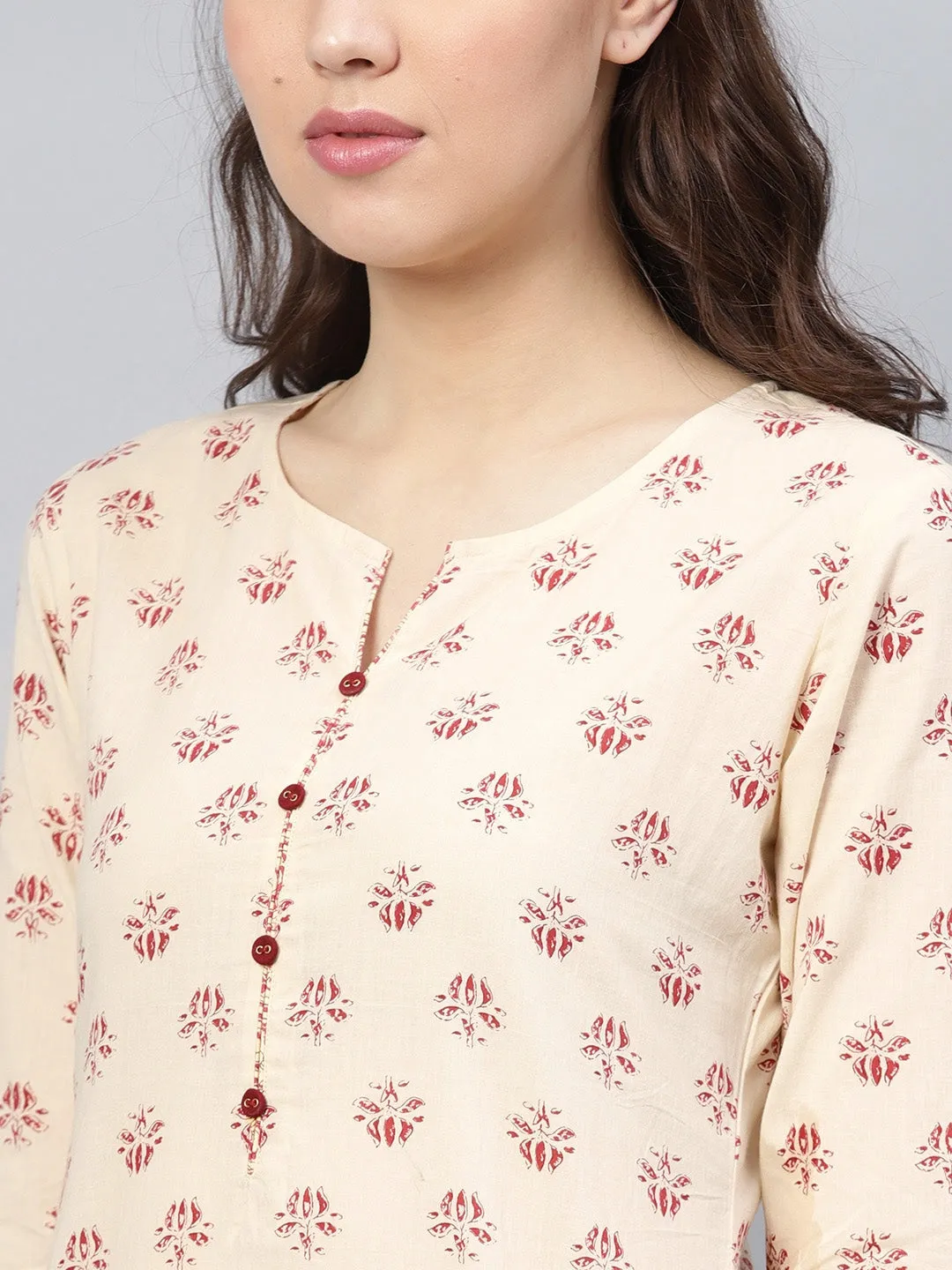 Women Beige & Maroon Printed Kurta Set