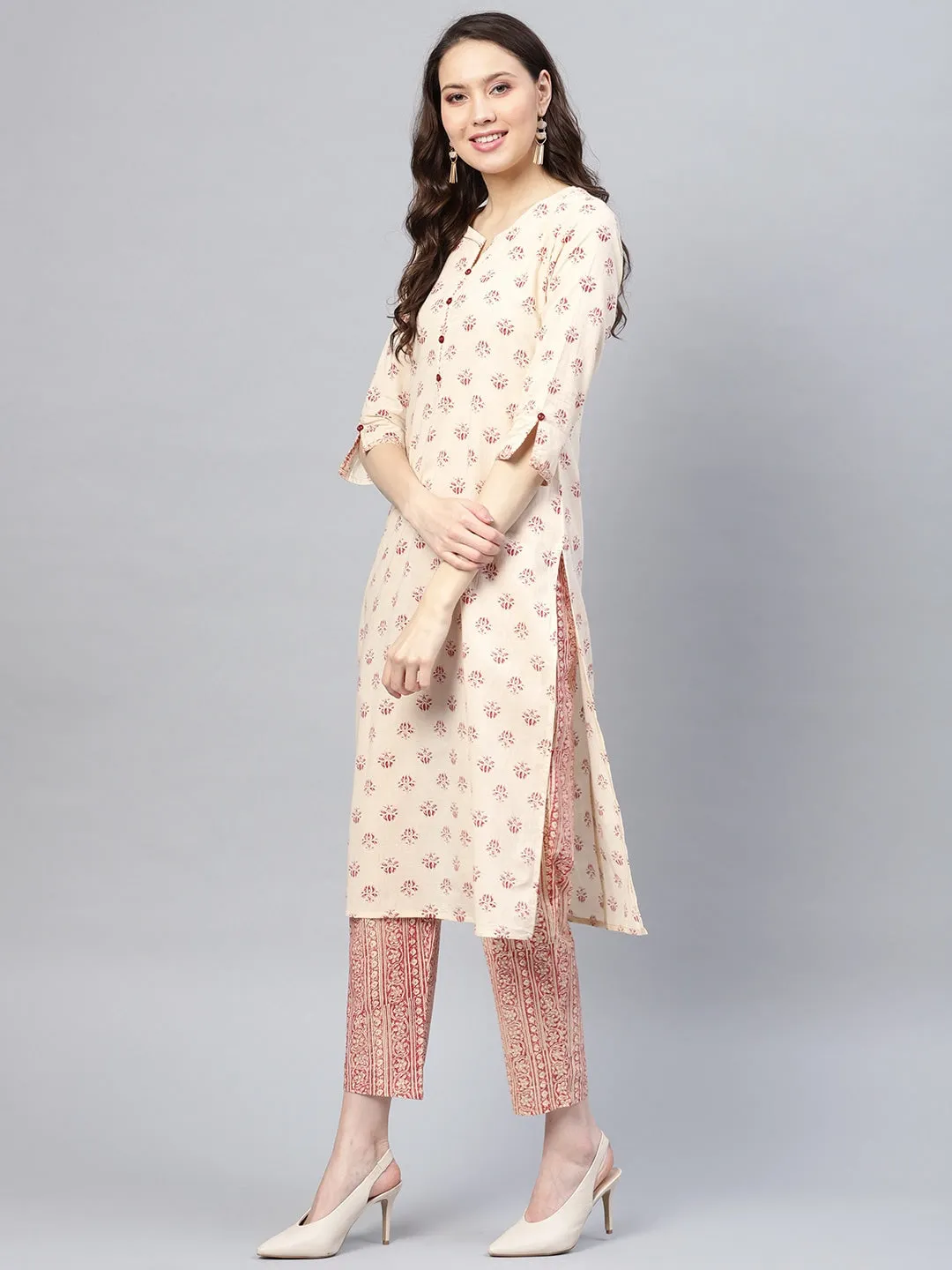 Women Beige & Maroon Printed Kurta Set