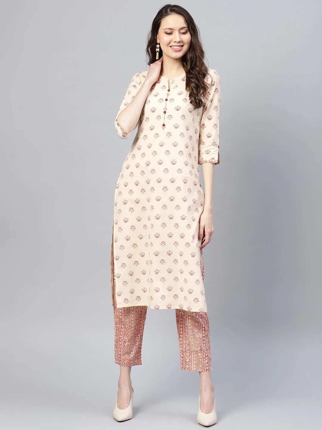 Women Beige & Maroon Printed Kurta Set