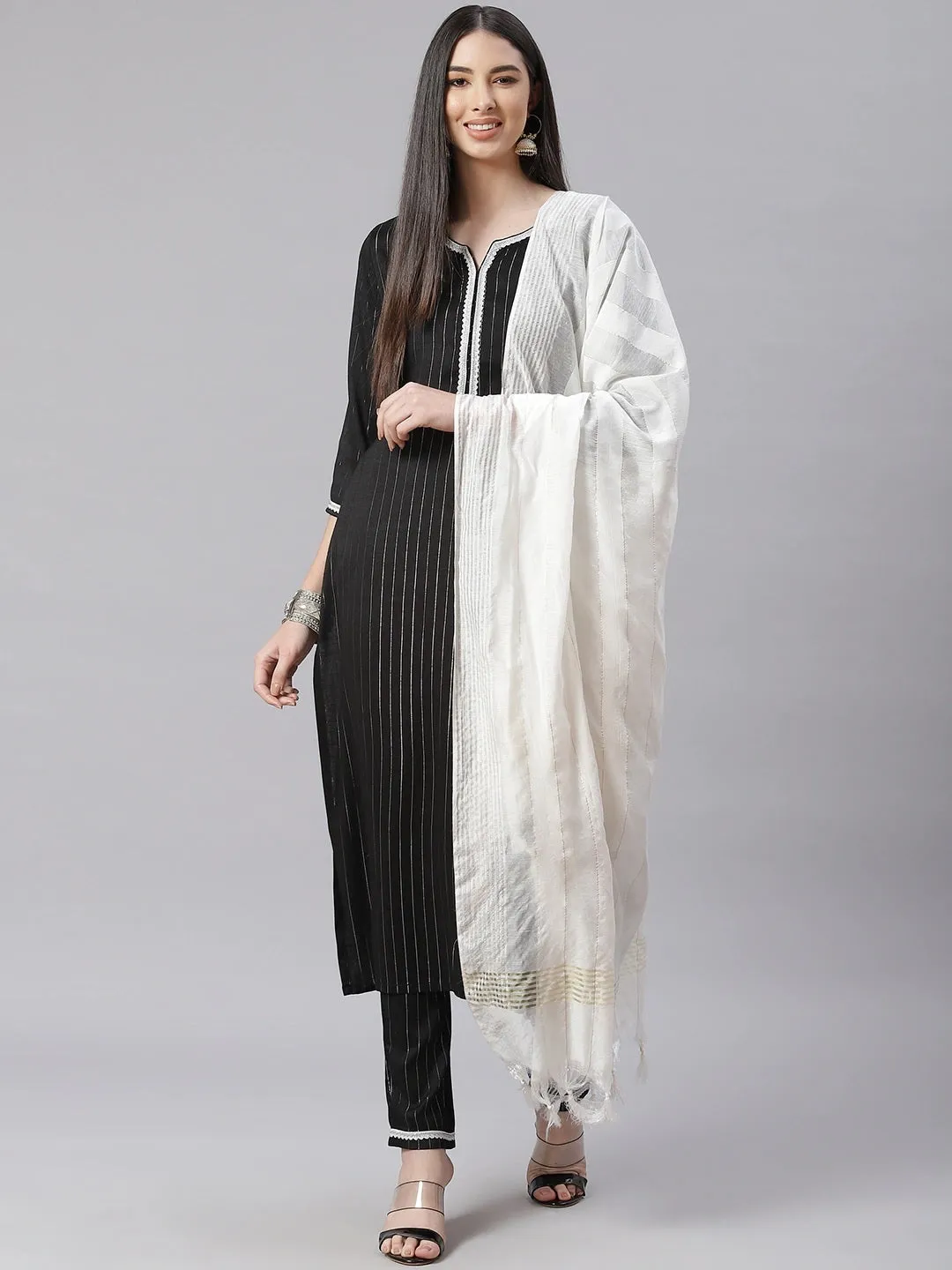 Women Black And White Striped Kurta With Trousers & Dupatta