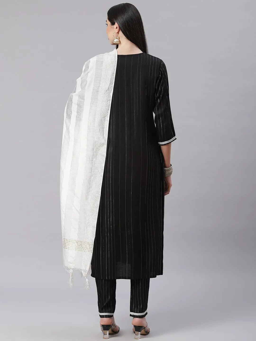 Women Black And White Striped Kurta With Trousers & Dupatta