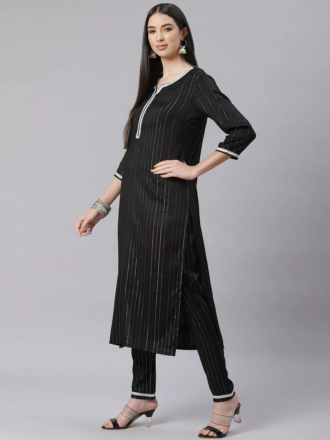 Women Black And White Striped Kurta With Trousers & Dupatta