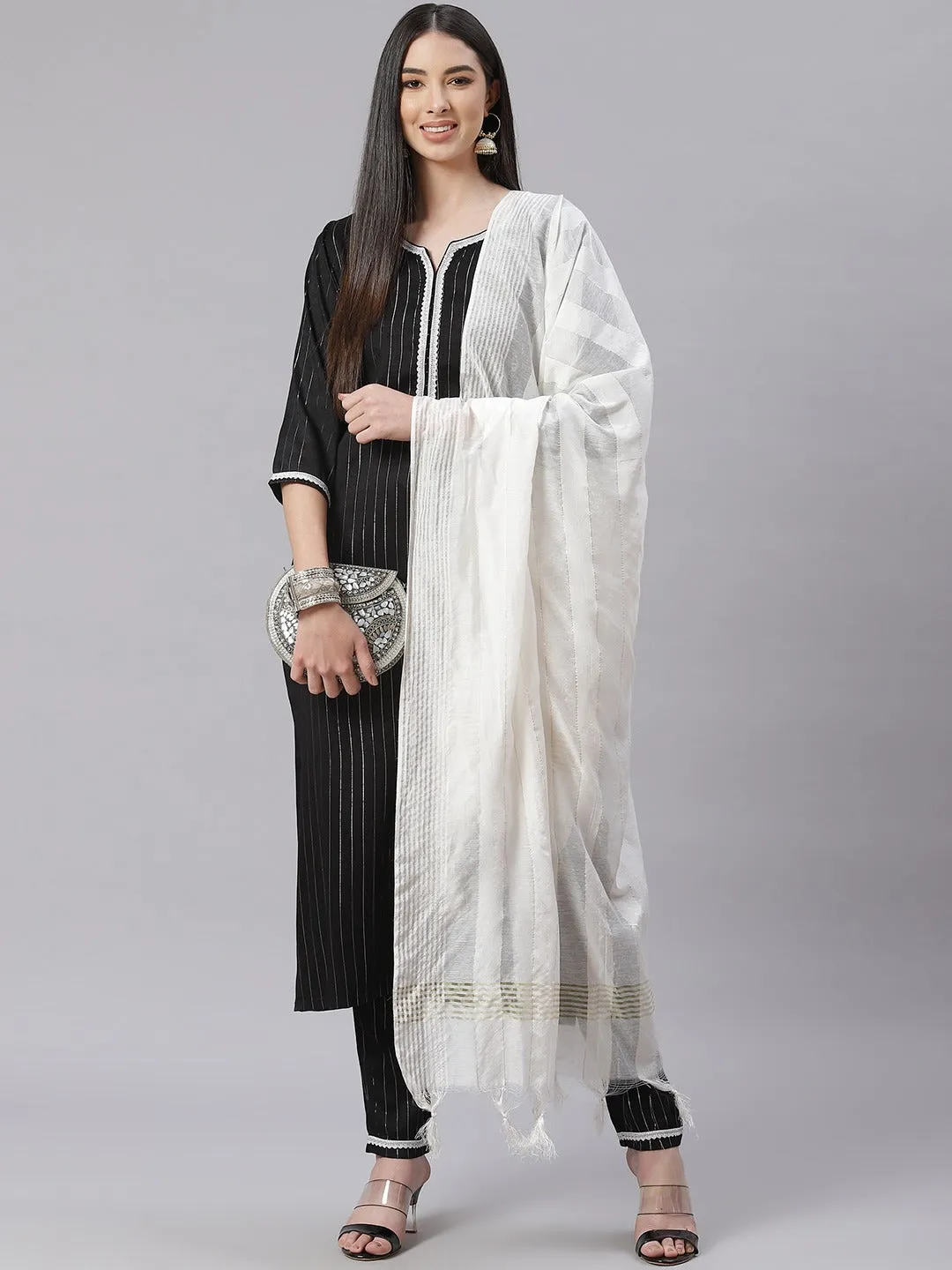 Women Black And White Striped Kurta With Trousers & Dupatta