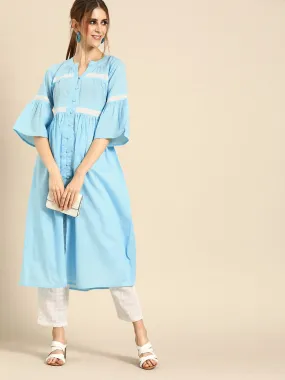 Women Blue & White Solid Kurta With Schiffli Trousers