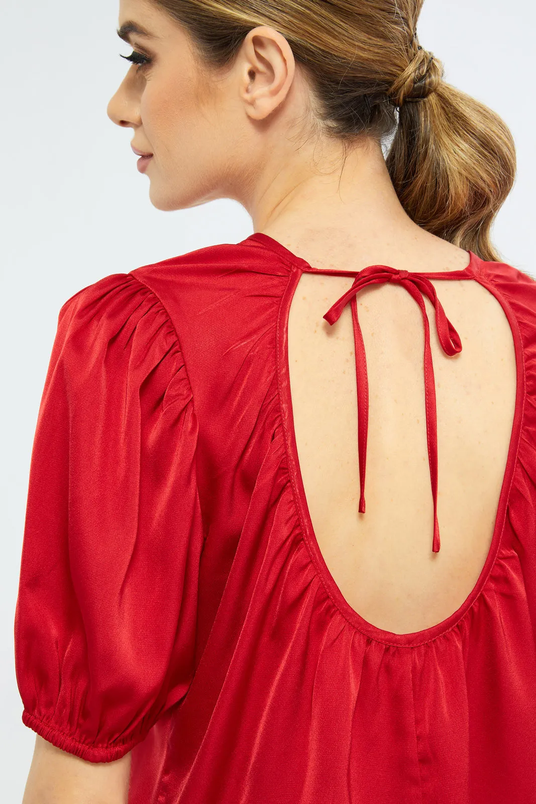 Women Red Back-Tie Blouse