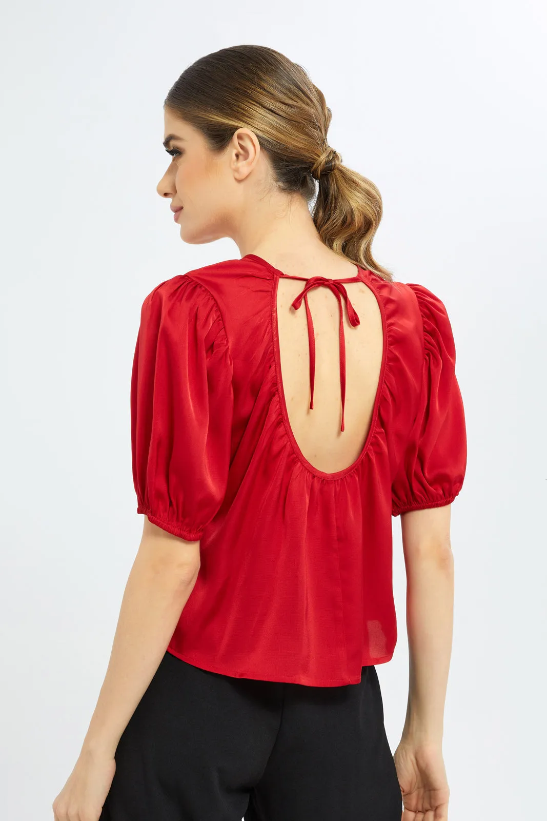 Women Red Back-Tie Blouse