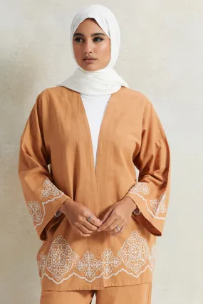 Women Tan Embroidered front Open Kimono