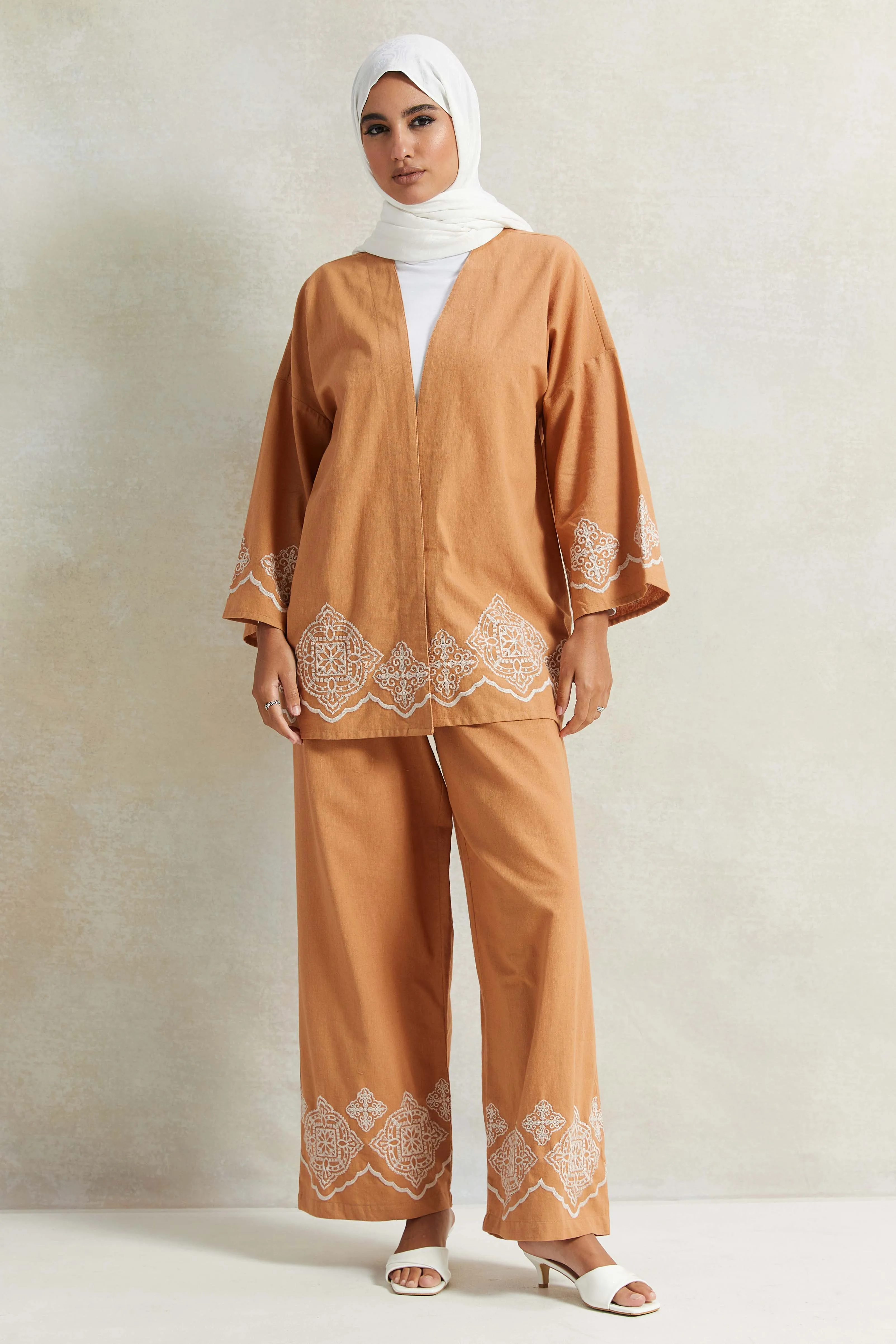 Women Tan Embroidered front Open Kimono