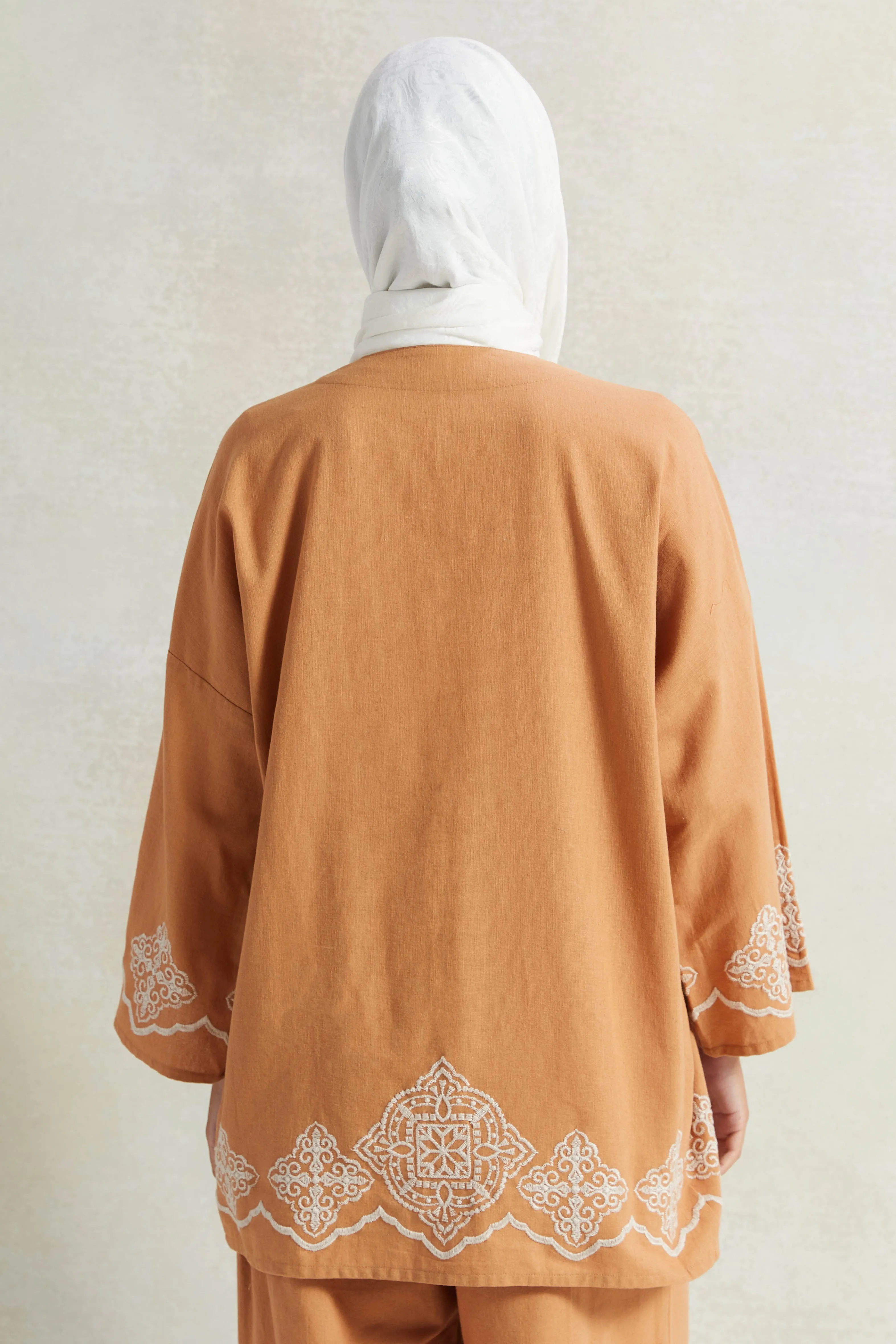 Women Tan Embroidered front Open Kimono