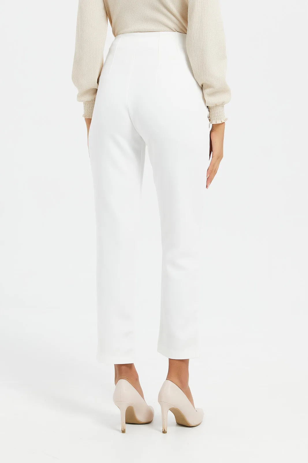 Women White Button Detail Slim Leg Trousers