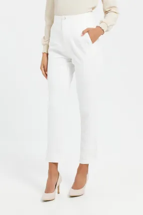 Women White Button Detail Slim Leg Trousers