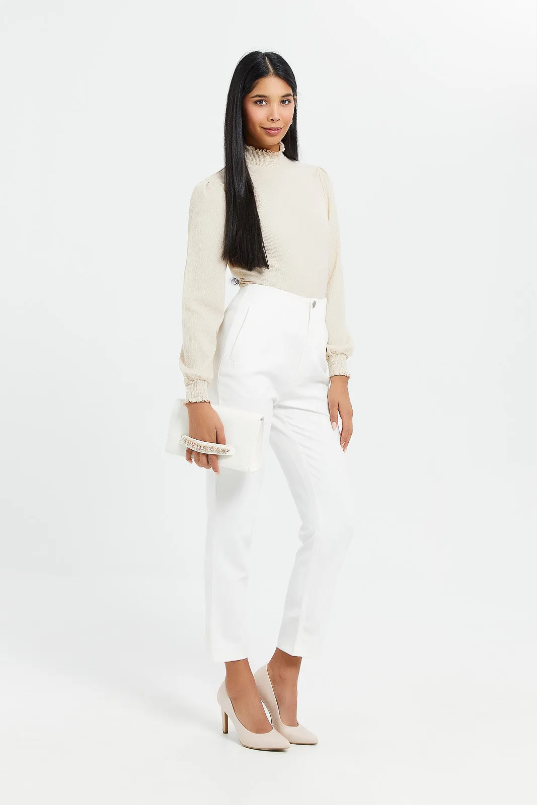 Women White Button Detail Slim Leg Trousers