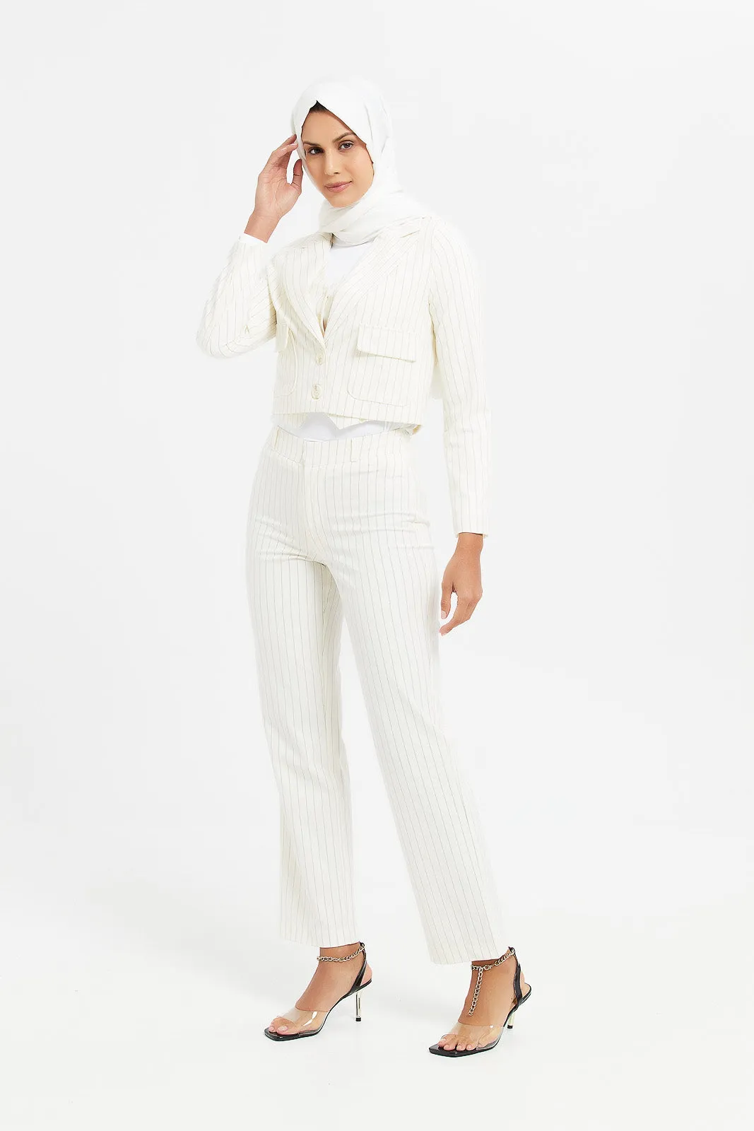 Women White Striped Wide Leg Trousers