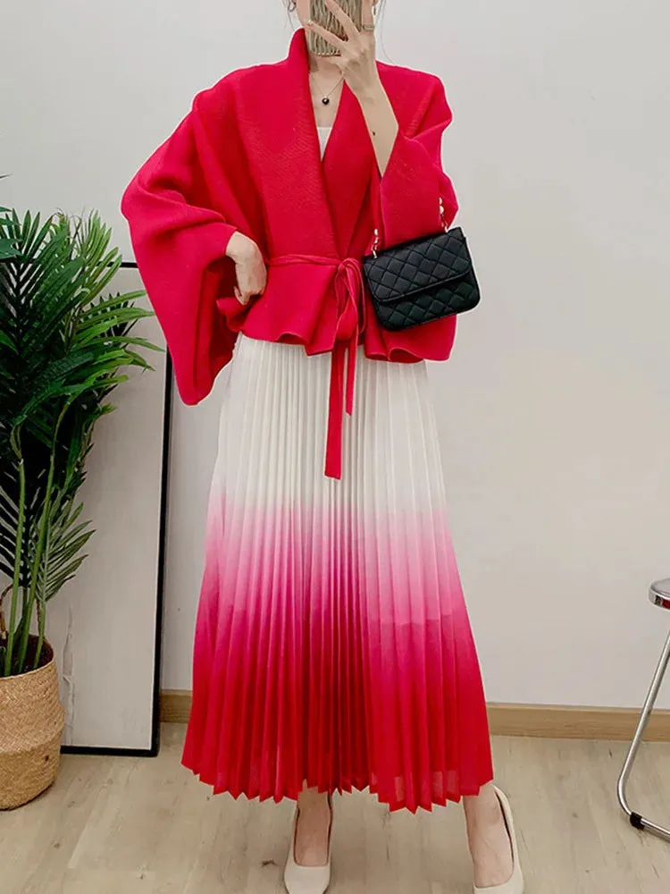 Women's 2-Piece Pleated Long Skirt & Cardigan Set