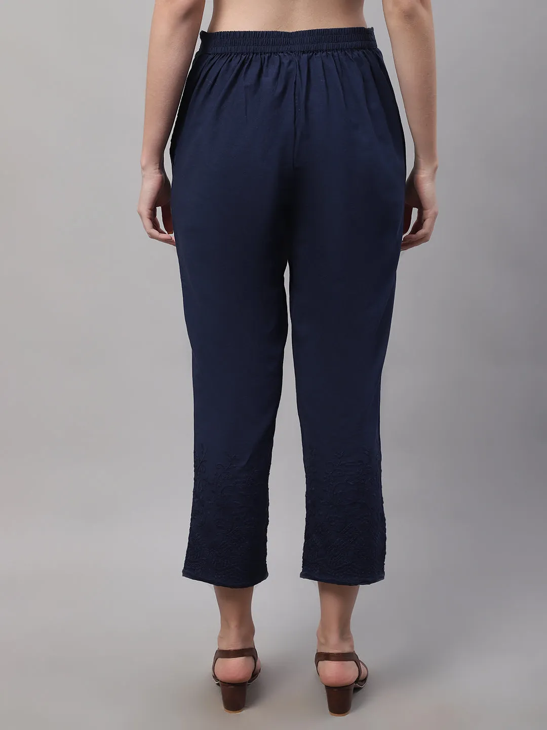 Women's Casual Regular Fit Navy Blue Flat Front Mid rise Ethnic Pant