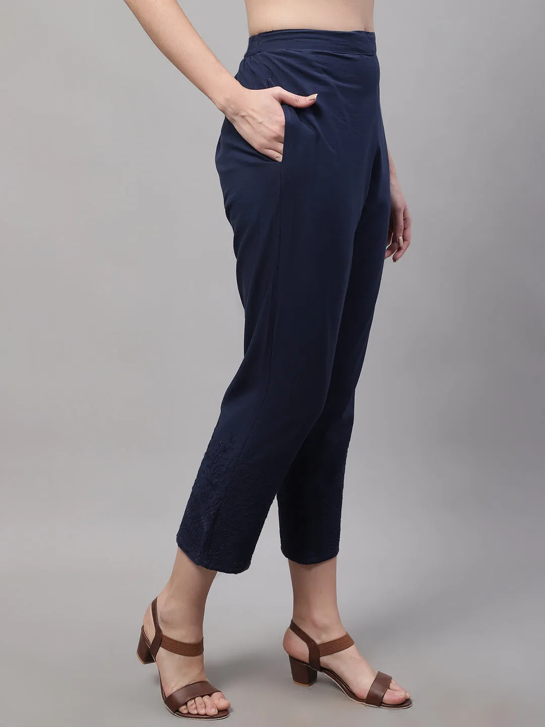 Women's Casual Regular Fit Navy Blue Flat Front Mid rise Ethnic Pant