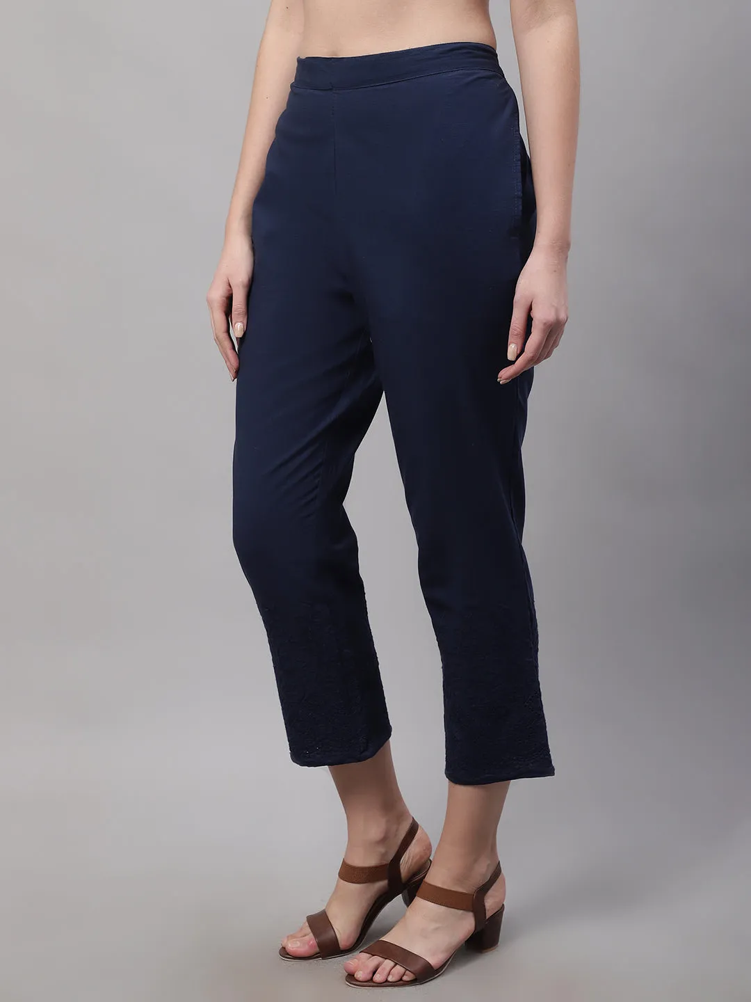 Women's Casual Regular Fit Navy Blue Flat Front Mid rise Ethnic Pant