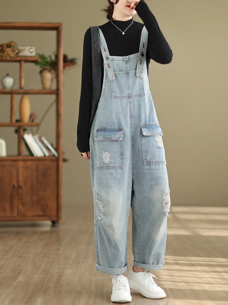 Women's Lightweight Ripped Denim Overalls Dungaree