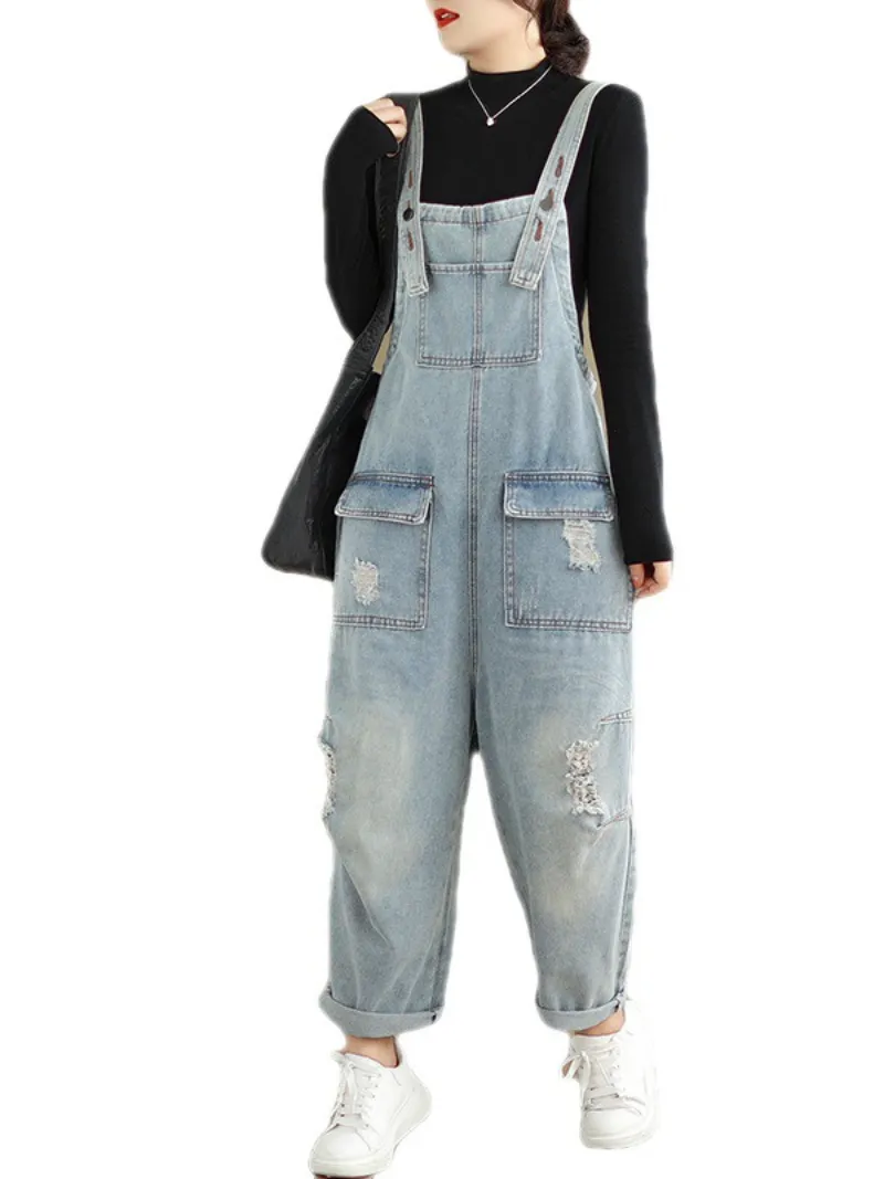 Women's Lightweight Ripped Denim Overalls Dungaree