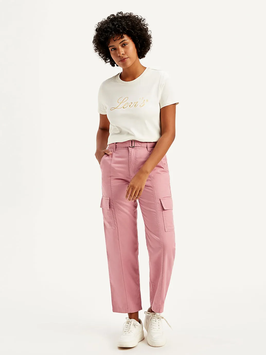 Women's Mid Rise Pink Tapered Cargo Trousers