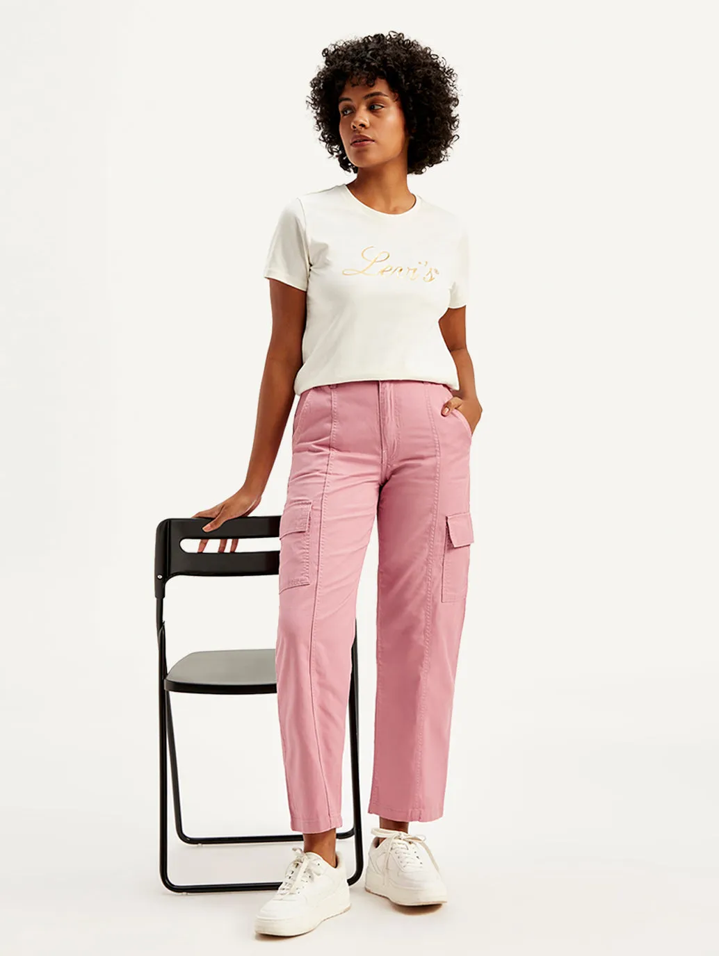 Women's Mid Rise Pink Tapered Cargo Trousers