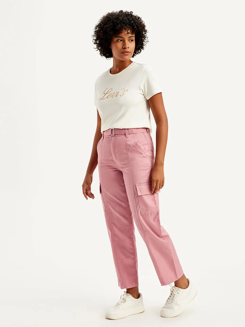 Women's Mid Rise Pink Tapered Cargo Trousers