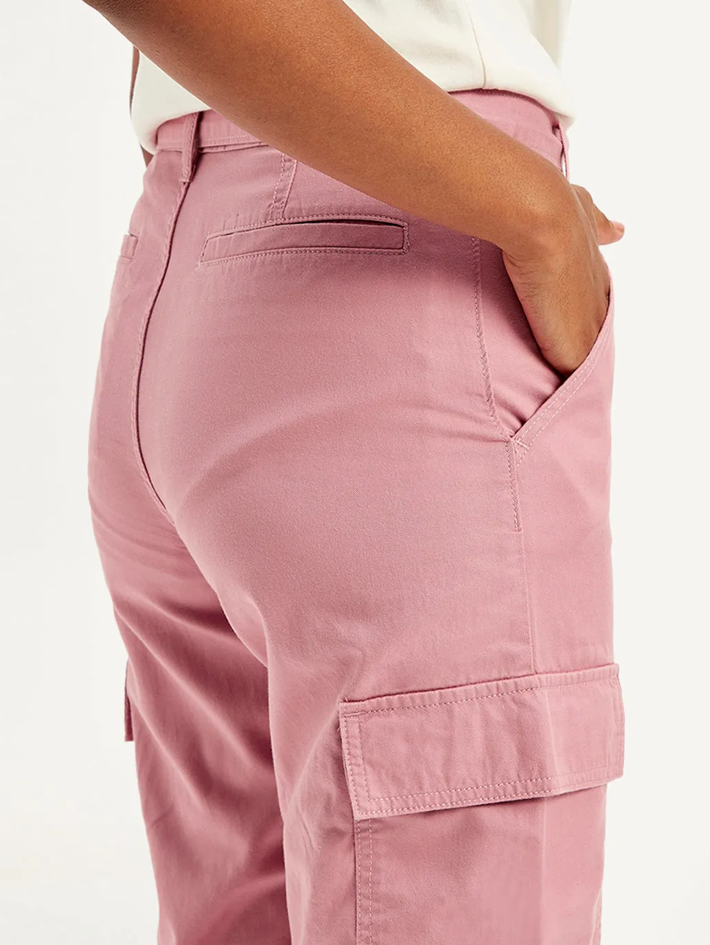 Women's Mid Rise Pink Tapered Cargo Trousers