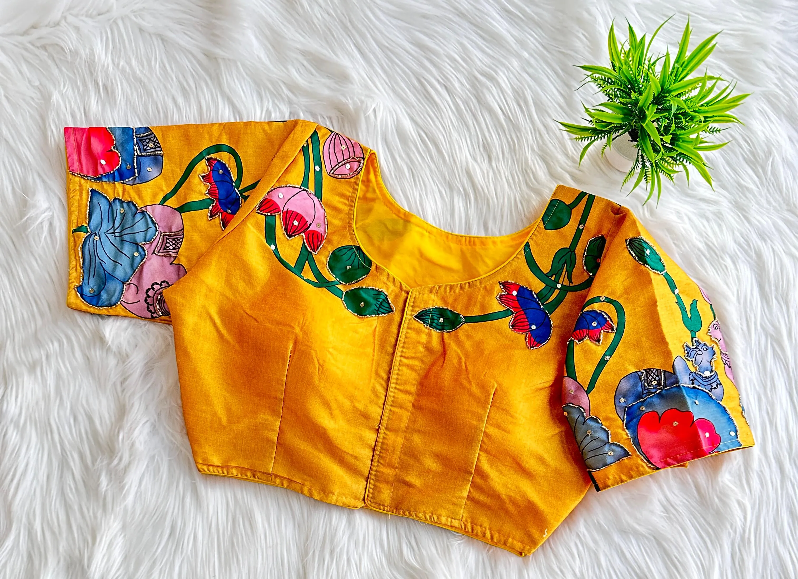 Yellow Pure Silk Blouse with Decent Print and Antique Handcrafted Work